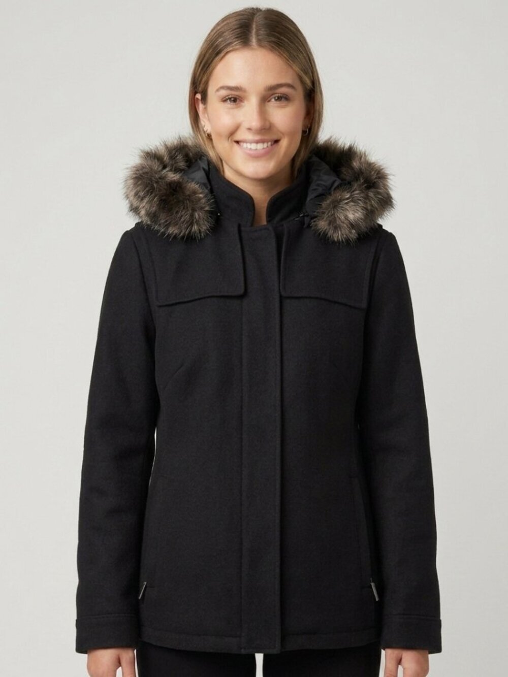 Zara Black Wool Blend Duffle Coat with Removable Hood